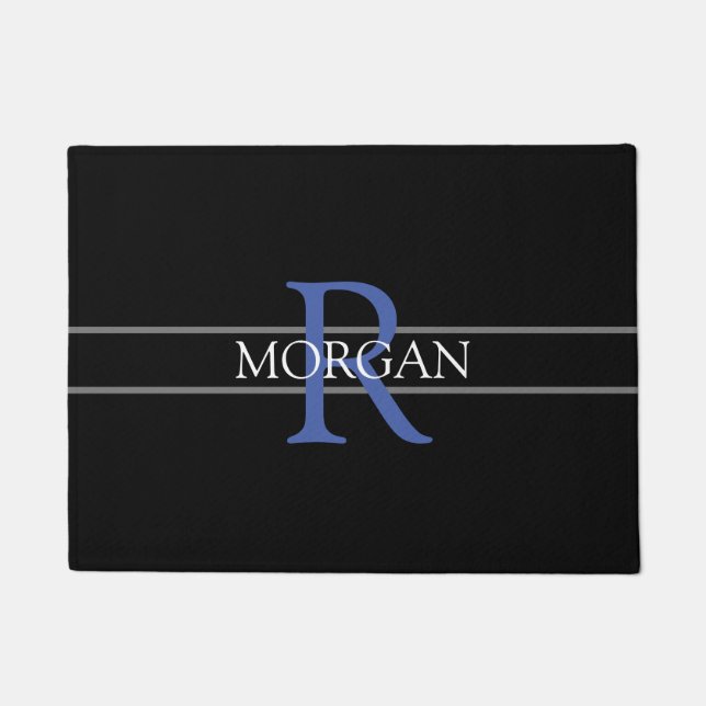 DIY Blue Monogram, White Name, Black, Grey Stripes Doormat (Front)