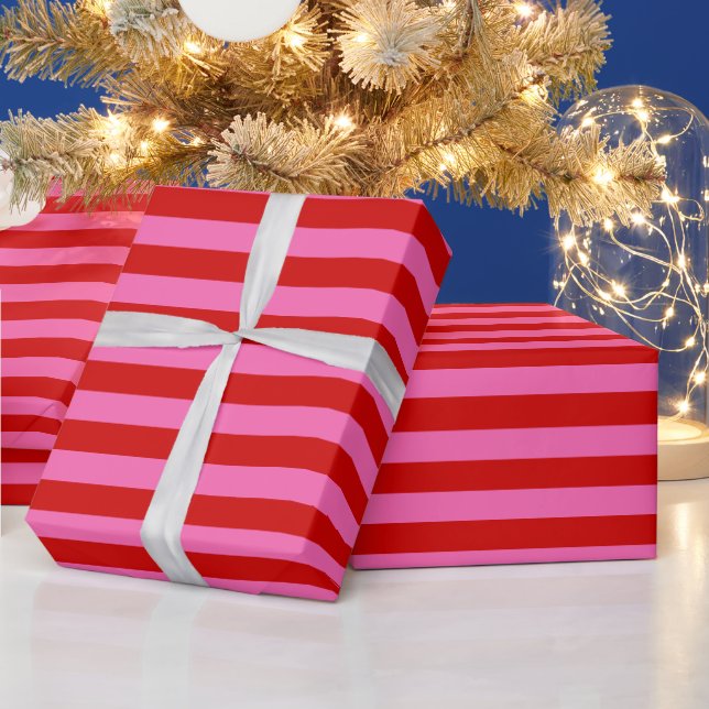 DIY Colour 1” Preppy Stripe Hot Pink Red Wrapping Paper (Holidays)