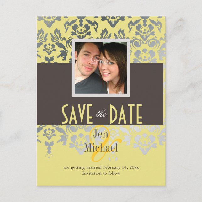DIY colour/Damask, Save the Date Photo postcards, Announcement Postcard (Front)
