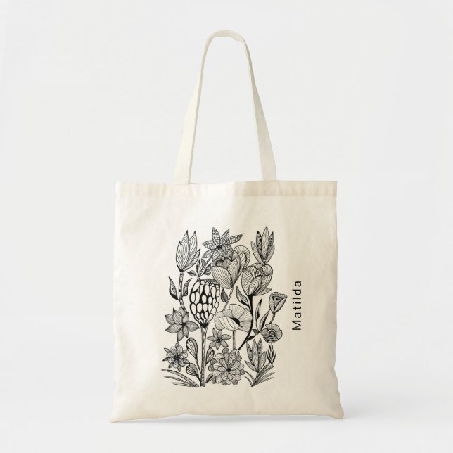 DIY colour-in floral pattern black and white Tote  Bag (Front)