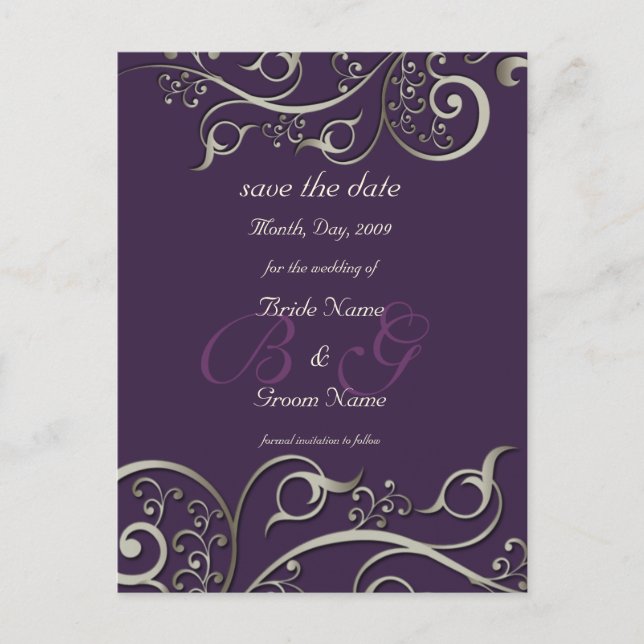 diy colour, save the date, monogram silver swirls announcement postcard (Front)