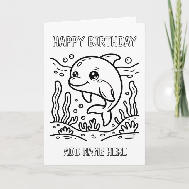 DIY colouring folded dolphin birthday card (Front)