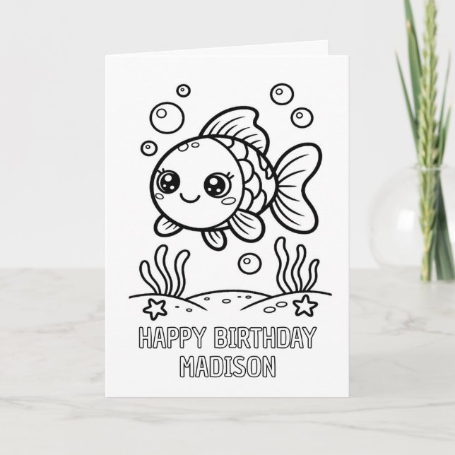 DIY colouring folded fish birthday card (Front)