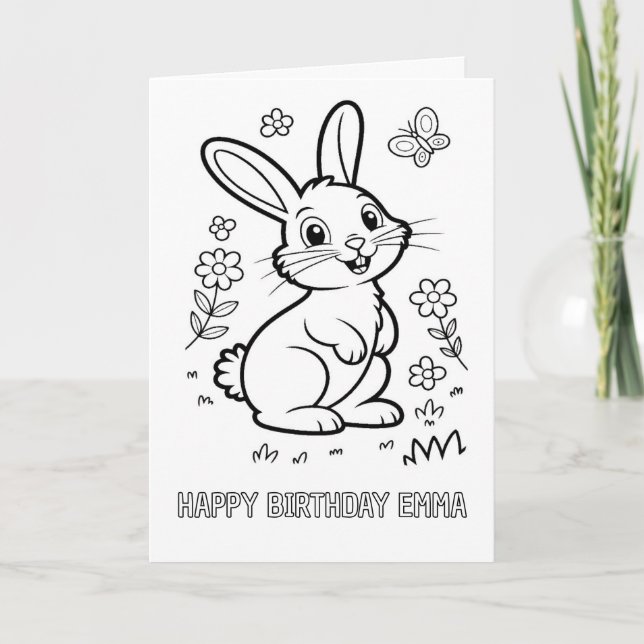 DIY colouring folded rabbit bunny birthday card (Front)