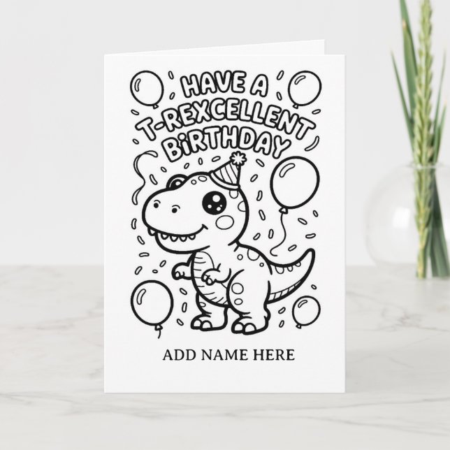 DIY colouring folded t-rex birthday card (Front)