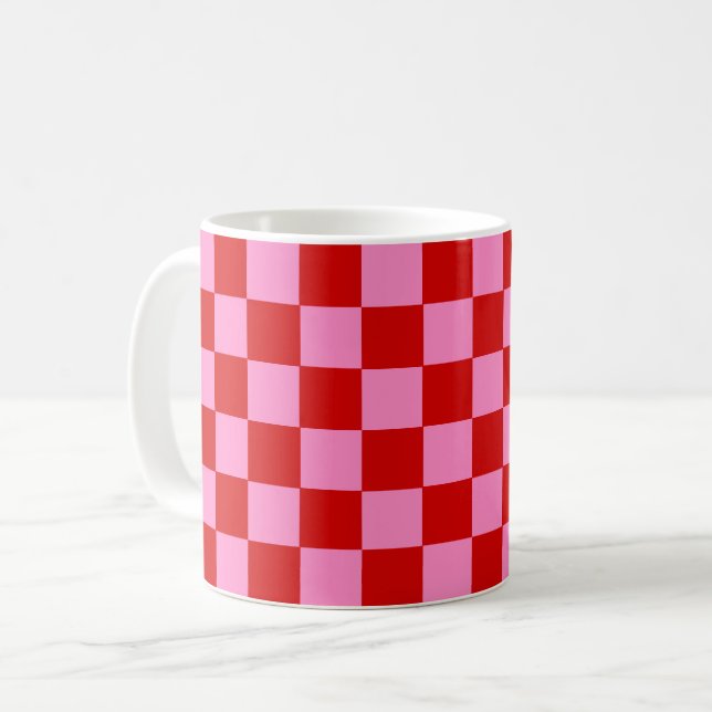 DIY Colours Chequered Pattern Red Hot Pink Coffee Mug (Front Left)