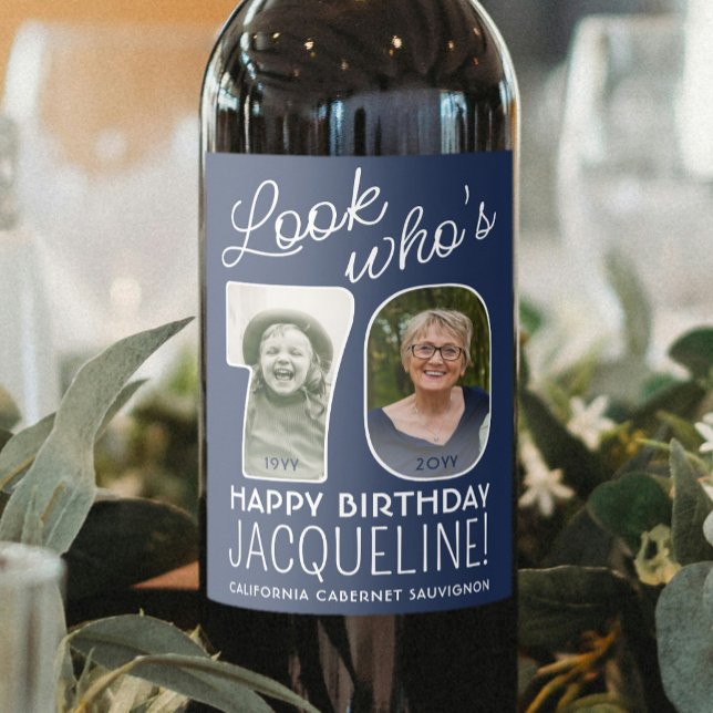 DIY Colours • Look Who's 70 Birthday Party 2 Photo Wine Label (Creator Uploaded)