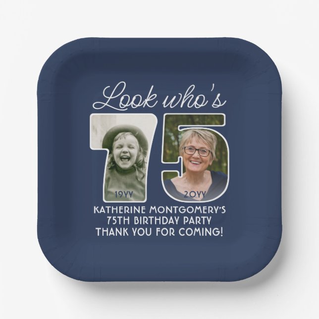 DIY Colours • Look Who's 75 Birthday Party 2 Photo Paper Plate (Front)