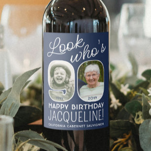 DIY Colours • Look Who's 90 Birthday Party 2 Photo Wine Label
