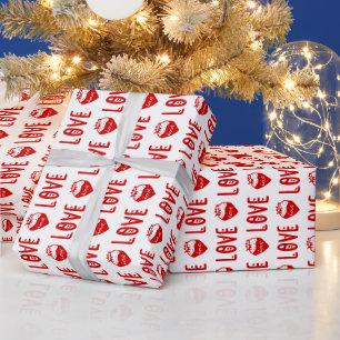 DIY Colours Strawberry LOVE Hearts Text White Red Wrapping Paper