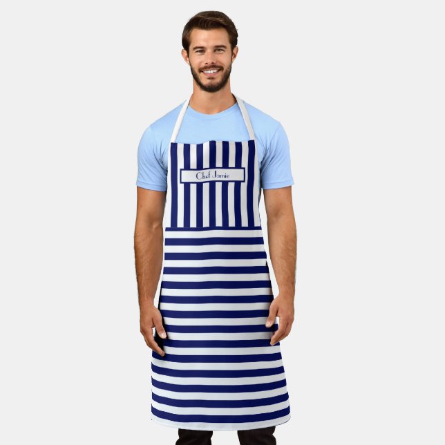 DIY Colours Vertical Horizontal Stripe Blue White Apron (Worn)