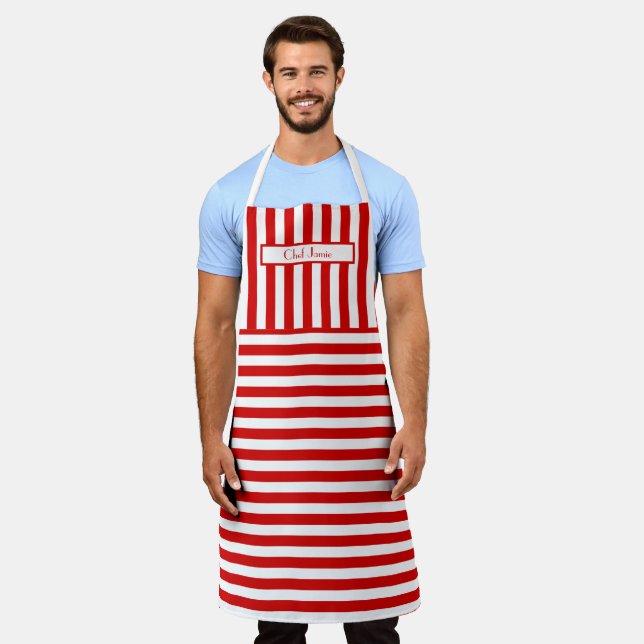 DIY Colours Vertical Horizontal  Stripe Red White Apron (Worn)