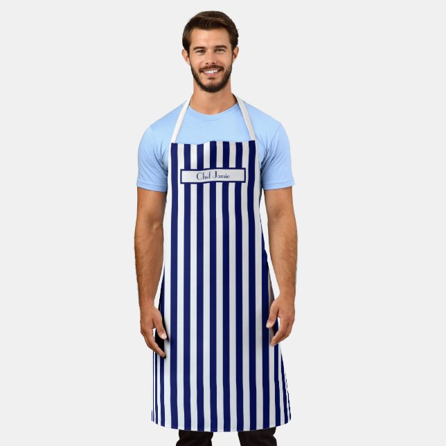 DIY Colours Vertical Stripe Navy White Apron (Worn)