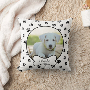 DIY Dog Photo Circle Name Bone Black Paw Prints Cushion