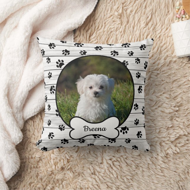 DIY Dog Photo Circle Name Bone Black Paws Rustic Cushion (Blanket)