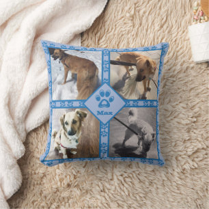 DIY dog photo collage paw prints blue reversible Cushion