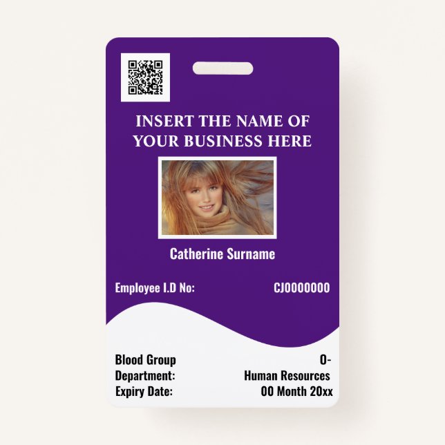 DIY employee ID card white wave purple horizontal ID Badge (Front)