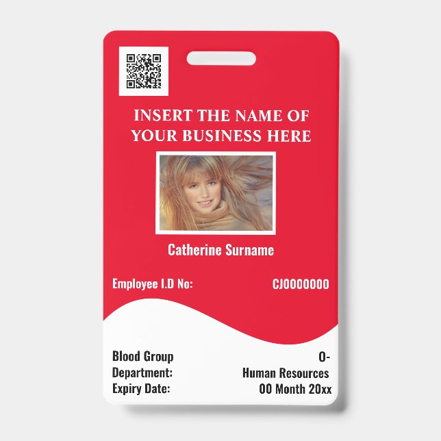 DIY employee ID card white wave red horizontal Badge (Front)