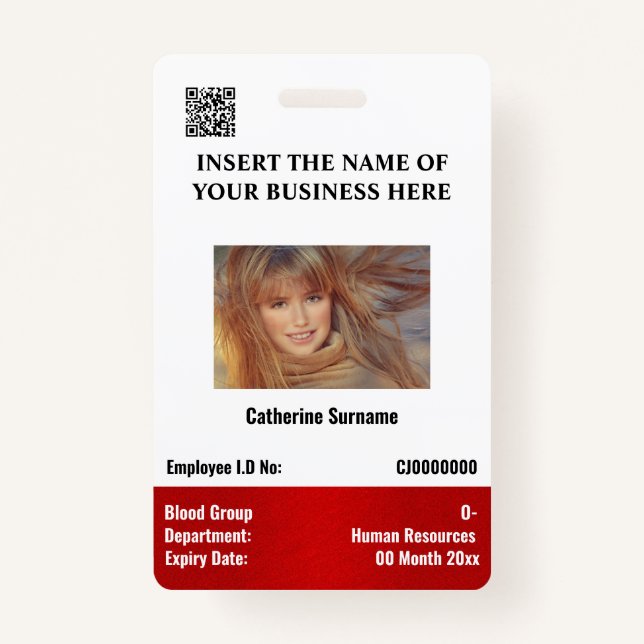 DIY employee photo ID card white red vertical ID Badge (Front)