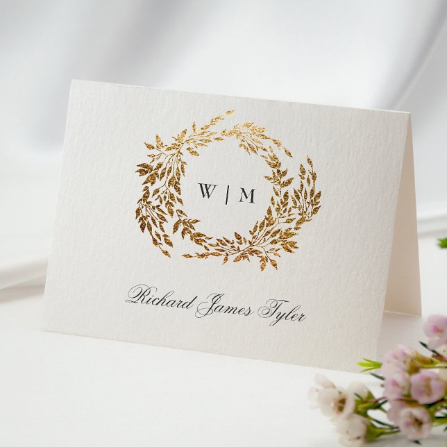 DIY Folded Classic Monogram Gold Crest Place Cards (Creator Uploaded)