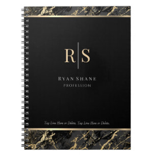 DIY Gold Initials Business Name, Black/Gold Marble Notebook