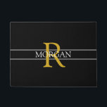 DIY Gold Monogram, White Name, Black, Grey Stripes Doormat<br><div class="desc">Personalise this trendy black doormat with Gold Monogram and White Name. A simple,  yet elegant design for him or her with 2 grey stripes.</div>