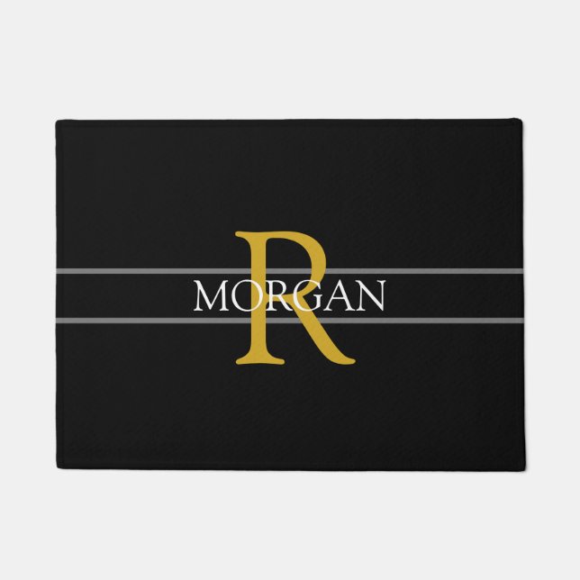 DIY Gold Monogram, White Name, Black, Grey Stripes Doormat (Front)