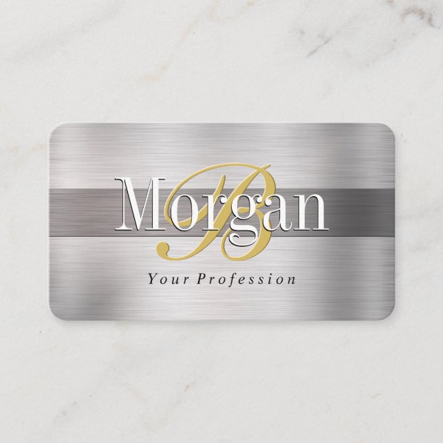 DIY Gold Monogram White Name Lt & Dk Brushed Steel Business Card (Front)