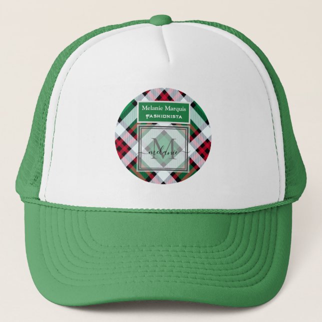 DIY Green And Red Plaid Patterns Monogram Trucker Hat (Front)