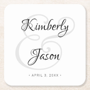 DIY His & Her Script Names, Black & Grey Wedding Square Paper Coaster