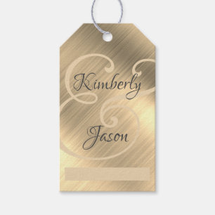 DIY His/Her Script Names, Tan/Grey, Yel Gold Metal Gift Tags