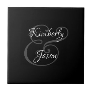 DIY His & Her Script Names, White & Grey on Black Ceramic Tile