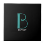 DIY Large Monogram & Name, Teal/White Text, Black Ceramic Tile<br><div class="desc">Personalise this stylish and simple text design with your name in white and your large Monogram in Teal on black background.</div>