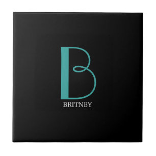 DIY Large Monogram & Name, Teal/White Text, Black Ceramic Tile