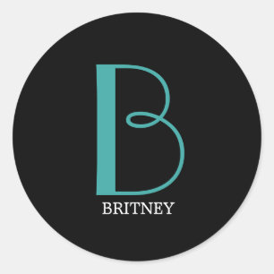 DIY Large Monogram & Name, Teal/White Text, Black Classic Round Sticker