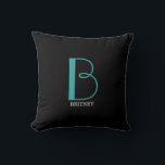DIY Large Monogram & Name, Teal/White Text, Black  Cushion<br><div class="desc">Personalise this stylish and simple text design with your name in white and your large Monogram in Teal on black background.</div>
