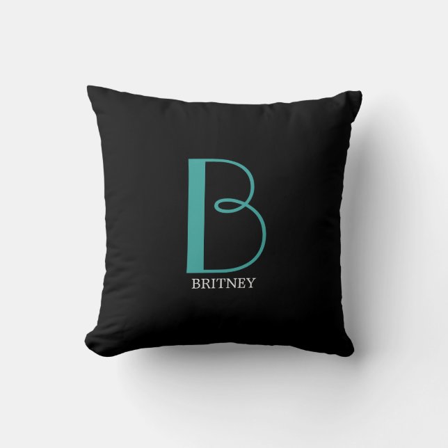 DIY Large Monogram & Name, Teal/White Text, Black  Cushion (Front)