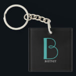 DIY Large Monogram & Name, Teal/White Text, Black Key Ring<br><div class="desc">Personalise this stylish and simple text design with your name in white and your large Monogram in Teal on black background.</div>
