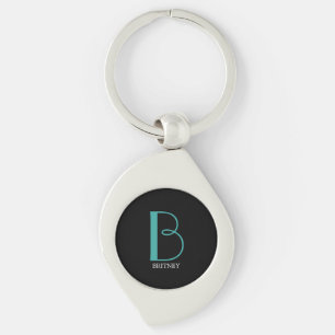 DIY Large Monogram & Name, Teal/White Text, Black Key Ring