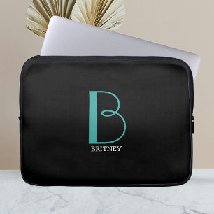 DIY Large Monogram & Name, Teal/White Text, Black Laptop Sleeve