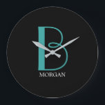 DIY Large Monogram & Name, Teal/White Text, Black Large Clock<br><div class="desc">Personalise this stylish and simple text design with your name in white and your large Monogram in Teal on black background.</div>