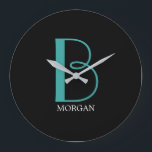 DIY Large Monogram & Name, Teal/White Text, Black Large Clock<br><div class="desc">Personalise this stylish and simple text design with your name in white and your large Monogram in Teal on black background.</div>