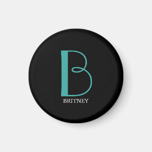 DIY Large Monogram & Name, Teal/White Text, Black Magnet