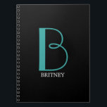 DIY Large Monogram & Name, Teal/White Text, Black Notebook<br><div class="desc">Personalise this stylish and simple text design with your name in white and your large Monogram in Teal on black background.</div>