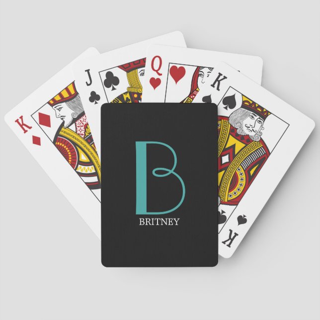 DIY Large Monogram & Name, Teal/White Text, Black Playing Cards (Back)