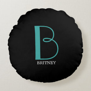 DIY Large Monogram & Name, Teal/White Text, Black Round Cushion