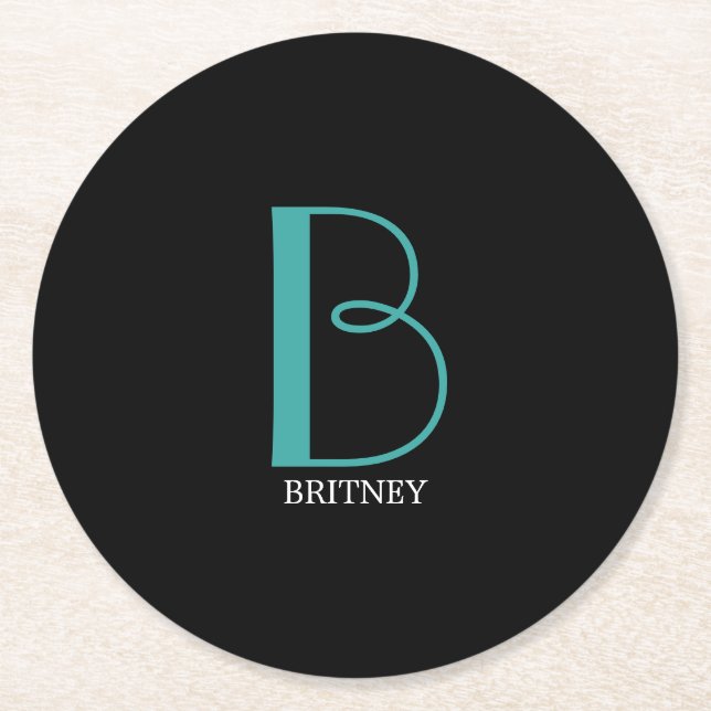 DIY Large Monogram & Name, Teal/White Text, Black  Round Paper Coaster (Front)