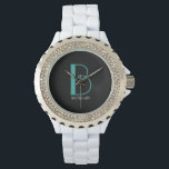 DIY Large Monogram & Name, Teal/White Text, Black Watch<br><div class="desc">Personalise this stylish and simple text design with your name in white and your large Monogram in Teal on black background.</div>