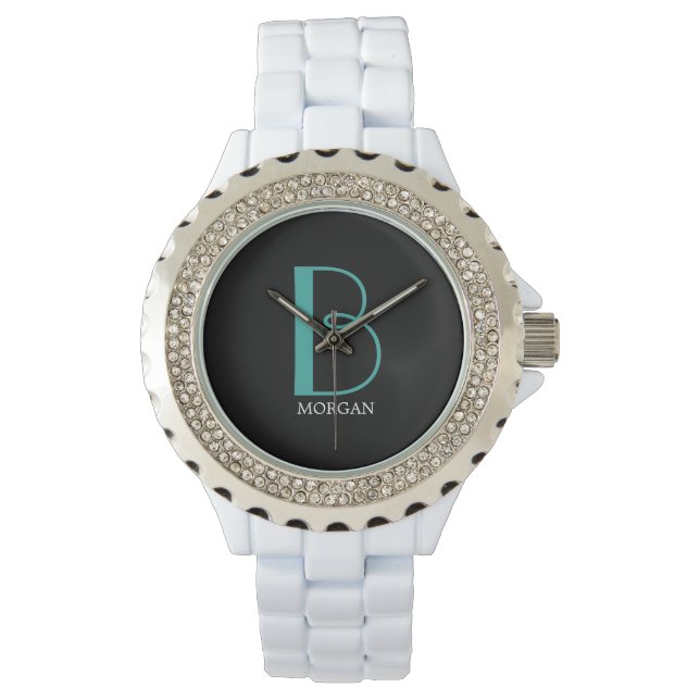 DIY Large Monogram & Name, Teal/White Text, Black Watch (Front)