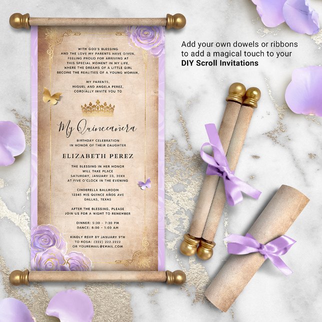 DIY Light Purple Gold Quince Scroll Invitations (DIY scrolls do not come with dowels. Add your own or roll up with a ribbon for a personalized touch!)
